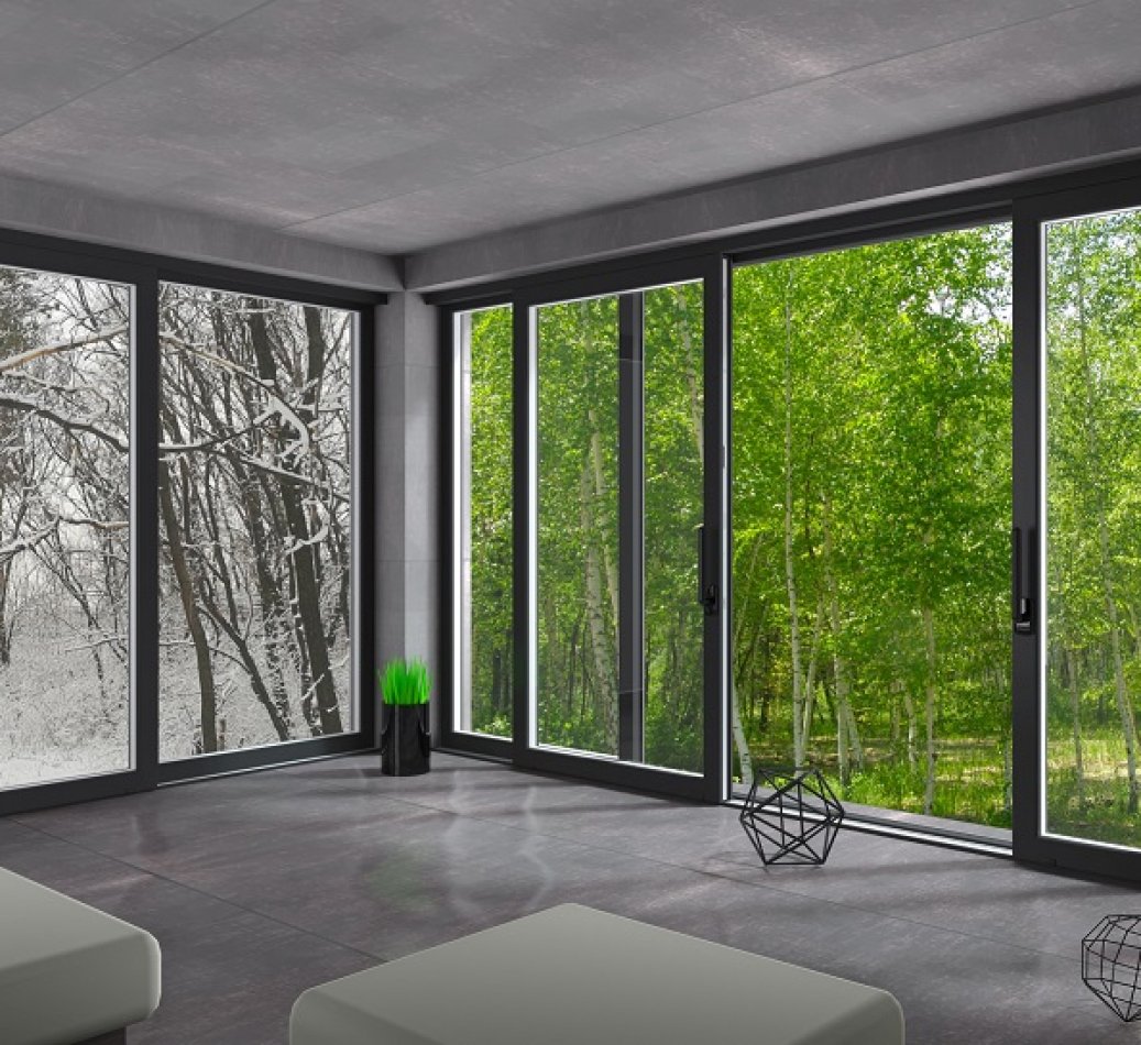 3d illustration. Sliding windows winter summer. Hotel resort. Forest and nature. Country holiday.